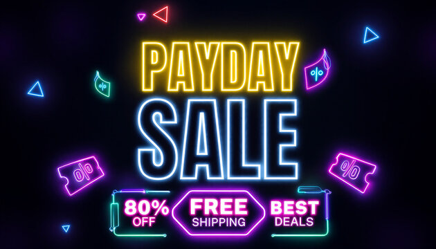 Bright neon payday sale banner with glowing discounts free shipping and best deals promotion advertisement