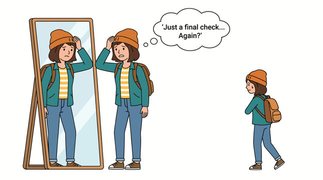 Insecure Young Woman Checking Her Reflection Multiple Times Before Leaving