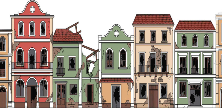 Ruined European city street vector illustration featuring abandoned buildings with broken windows and collapsed roofs in a detailed flat style