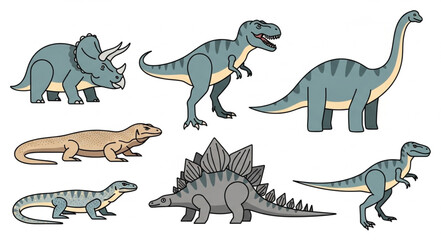 Collection of diverse prehistoric dinosaur illustrations. © paramita