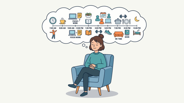 Peaceful woman sitting in silence to mentally organize and plan her daily schedule