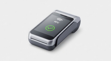 Fototapeta premium Modern contactless payment terminal displaying successful NFC transaction on a clean white