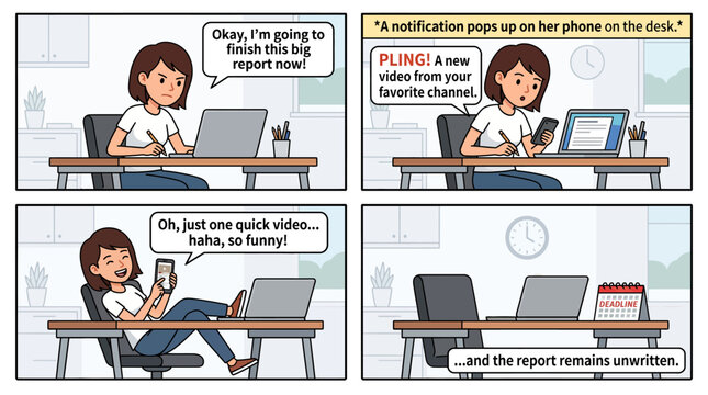 Comic strip showing a woman failing to complete a report due to smartphone distractions