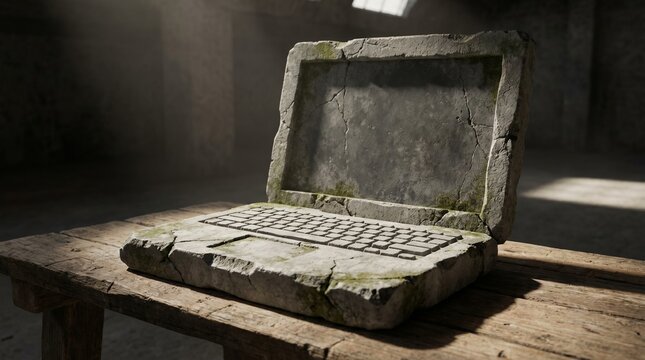 Laptop computer sculpted from grey cracked concrete