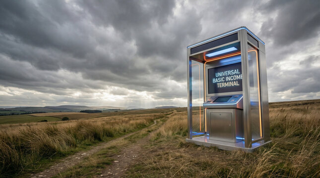 Futuristic kiosk labeled Universal Basic Income in a rural landscape under dramatic cloudy skies, blending technology with nature along a dirt path