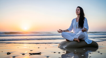 Fototapeta premium A serene woman practicing yoga and meditation on the beach during a beautiful golden sunset.