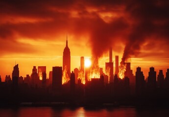 Fototapeta premium City skyline silhouette with multiple skyscrapers ablaze, smoke rising into the dramatic red and orange sky during sunset