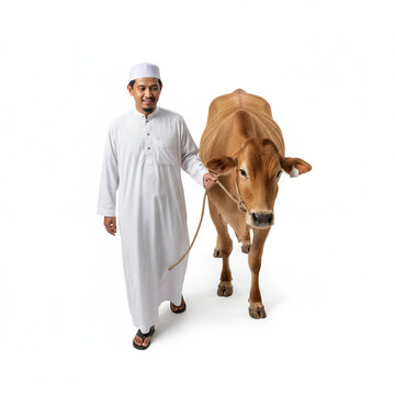 Muslim man leading brown cow for sacrifice on white background