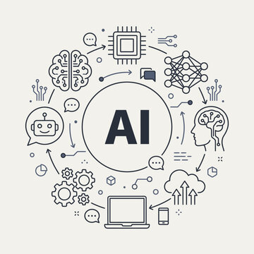 A futuristic illustration showcases various technology and science symbols surrounding artificial intelligence on a device.