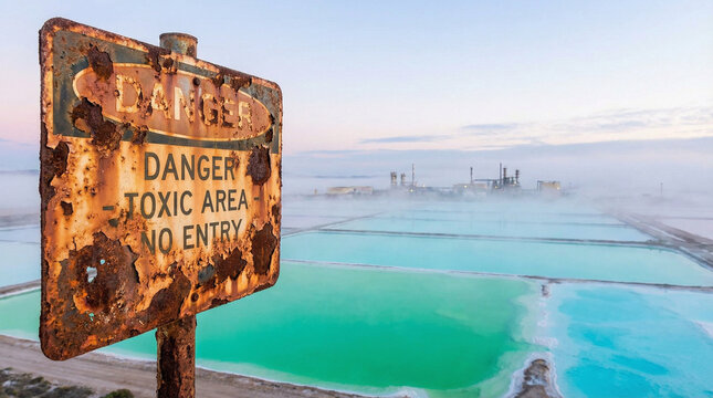 Rusty warning sign at lithium mine indicating toxic area, overlooking vibrant turquoise and blue extraction ponds under a misty sky