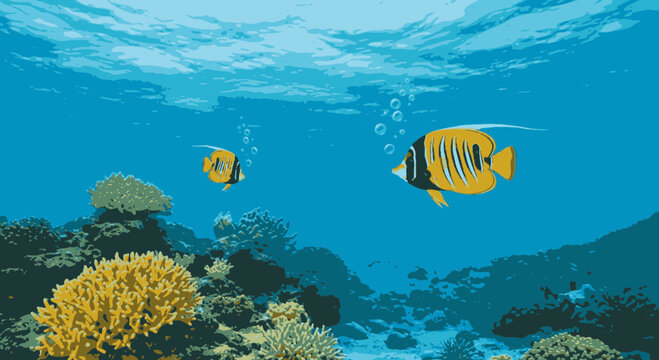 Yellow Fish Swimming Near Coral Reef.