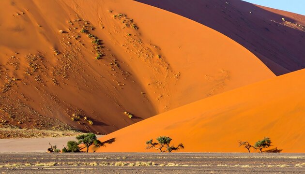 Majestic landscape of large, orange sand dunes with a few small trees at the base and clear blue sky in the background