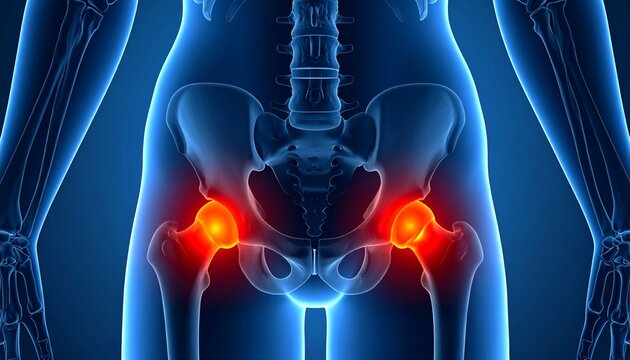A medical anatomical digital illustration of the human pelvic region viewed from the front. The skeletal anatomy includes the pelvis, sacrum, femur heads, and portions of the spine. The hip joints are