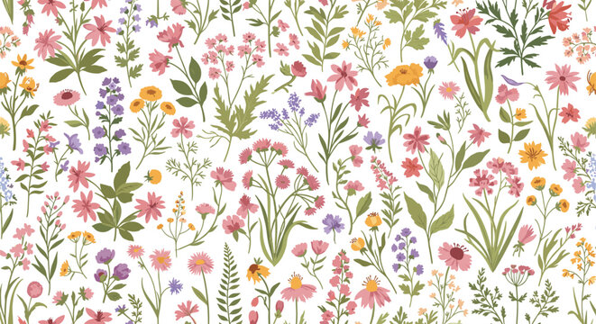 Beautiful and dense seamless pattern of colorful wildflowers and grasses creating a vibrant meadow field background.