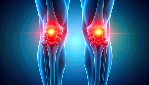 A medical anatomical digital illustration of two human knees viewed from the front. The skeletal structure, including femur, tibia, and patella, is visible through semi-transparent legs. Both knee joi