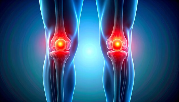 A medical anatomical digital illustration of two human knees viewed from the front. The skeletal structure, including femur, tibia, and patella, is visible through semi-transparent legs. Both knee joi