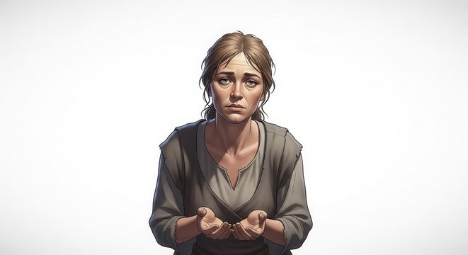 A somber woman with cupped hands displaying a look of profound sorrow and desperate plea for help