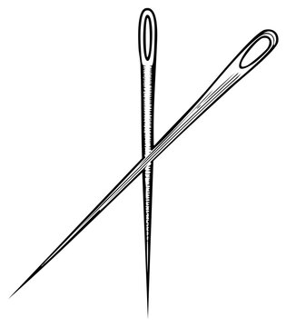 Two sewing needles with large eyes crossed forming an X shape in a simple black and white line art illustration.