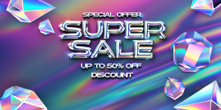 Colorful holographic super sale discount promotion with geometric crystals and rainbow lights
