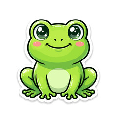 Fototapeta premium A cute cartoon frog sits smiling outdoors in a natural setting.