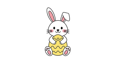 Obraz premium Easter Bunny with Egg: A charming cartoon of an adorable Easter Bunny is holding an decorated egg, creating a festive holiday scene.