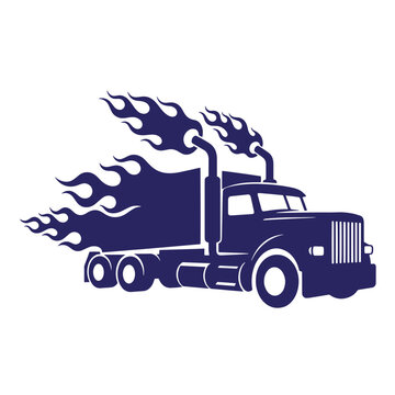 Navy blue semi-truck with flames, on white background, tractor-trailer fire
