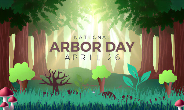 Colorful national arbor day celebration poster with lush forest trees and plants illustration