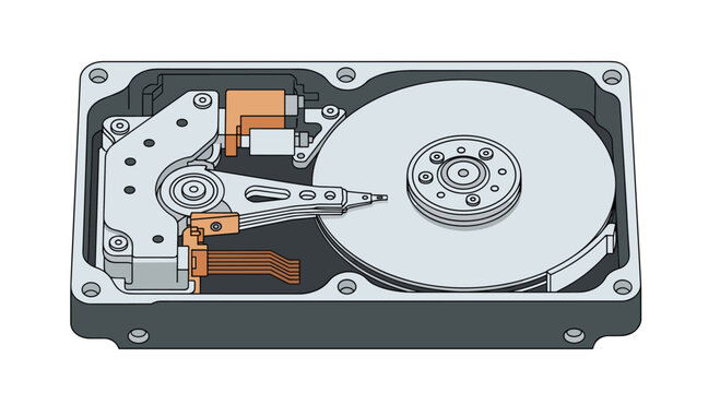 Detailed technical illustration of the internal components of a computer hard disk drive including the platter and actuator arm.