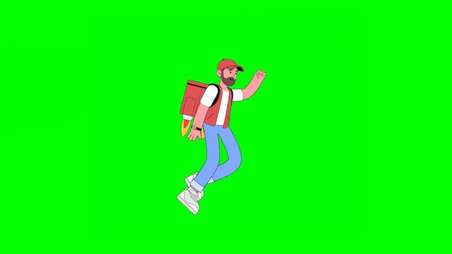 2D Animation of Deliveryman Flying Like Superman Swiftly Using Rocket-Powered Backpack Fast Delivery on Green Background on Loop.