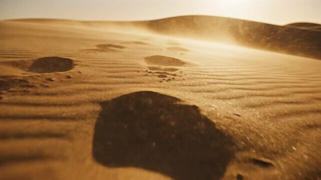 Footprints on desert dunes with blowing sand at sunset
