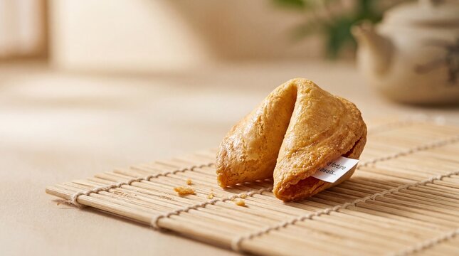 A single fortune cookie rests on a bamboo mat, revealing a hidden message.