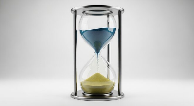 Elegant hourglass with blue and yellow sand, symbolizing the relentless march of time's progression