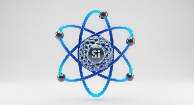 Modern 3D representation of a silicon atom model with electrons orbiting a detailed nucleus