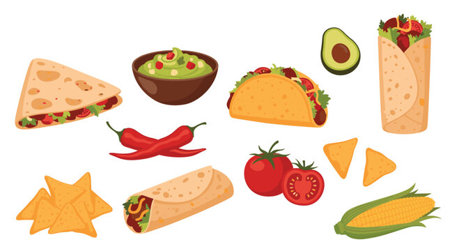 Delicious selection of Mexican food icons including tacos burritos quesadillas nachos guacamole and fresh ingredients like corn and tomato.