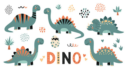 Fototapeta premium Cute collection of flat style dinosaur characters including stegosaurus and triceratops for kids education design.