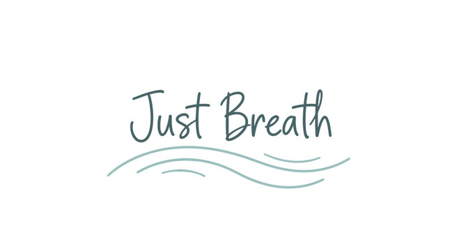 Minimalist just breath text with serene blue wavy lines on a clean white background for meditation concept.