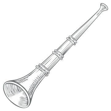 Line art illustration of an Alpine horn, a long conical wooden wind instrument