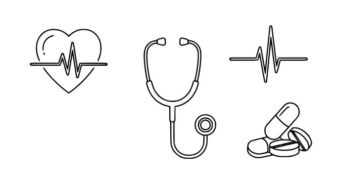 Medical icons: heartbeat stethoscope pills with stethoscope, medicine