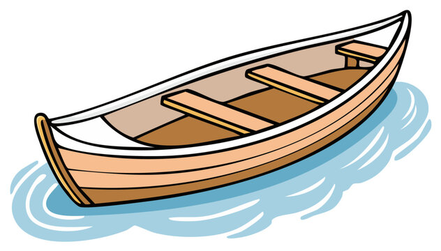 Charming cartoon style wooden dinghy boat gently floating on blue water