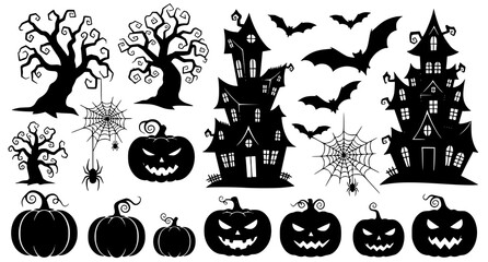 Fototapeta premium Spooky halloween elements silhouette collection with haunted houses