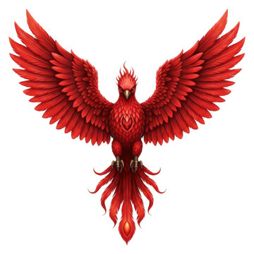 A vibrant red phoenix depicted in a detailed pixel art style with wings spread wide in flight