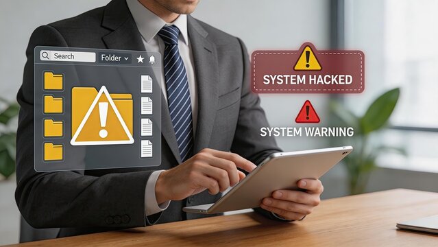 Businessman holding tablet cyber security concept hologram interface with warning icon data breach alert system hack notification digital threat detection office work environment