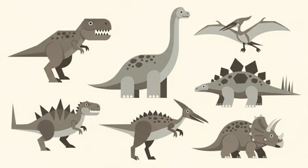 Collection of diverse cartoon dinosaurs in various poses and species. © sa