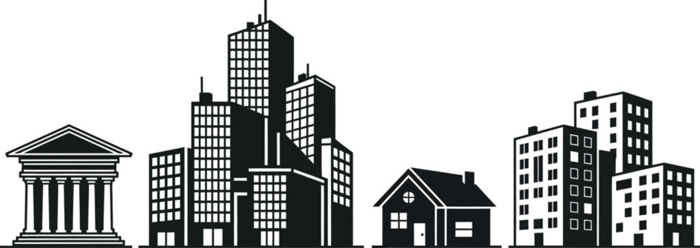 Black and white cityscape illustration with buildings and skyscrapers