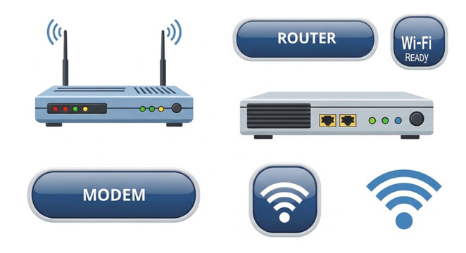 Wireless Router and Modem Devices with Wi-Fi Symbols.