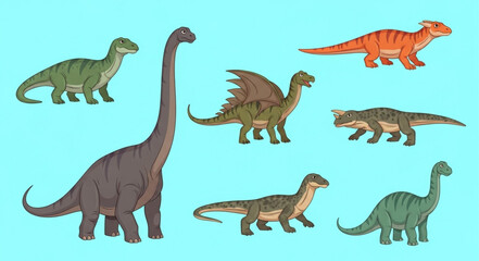 Collection of diverse cartoon dinosaurs on a blue background. © sa