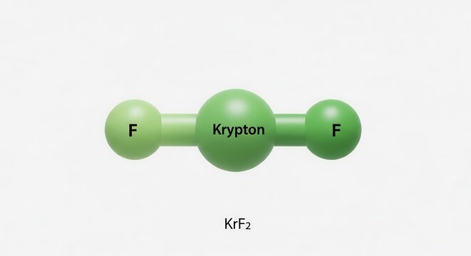 Detailed molecular model of krypton difluoride compound structure representing KrF2 chemical bond