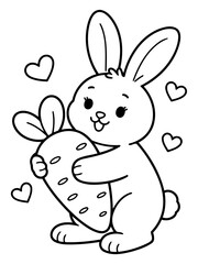 Obraz premium Playful Bunny and Carrot: A charming illustration of a bunny embracing a carrot, surrounded by floating hearts, exuding joy and simplicity. 