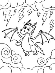 Fototapeta premium Dragon in the Thunderstorm: A charming dragon soars fearlessly amidst a dramatic display of lightning and swirling clouds, an illustration of power and fantasy.