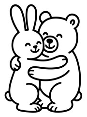 Obraz premium Bear and Bunny Embrace: A heartwarming depiction of friendship and affection, showcasing the tender bond between a bear and a bunny as they share a warm hug.